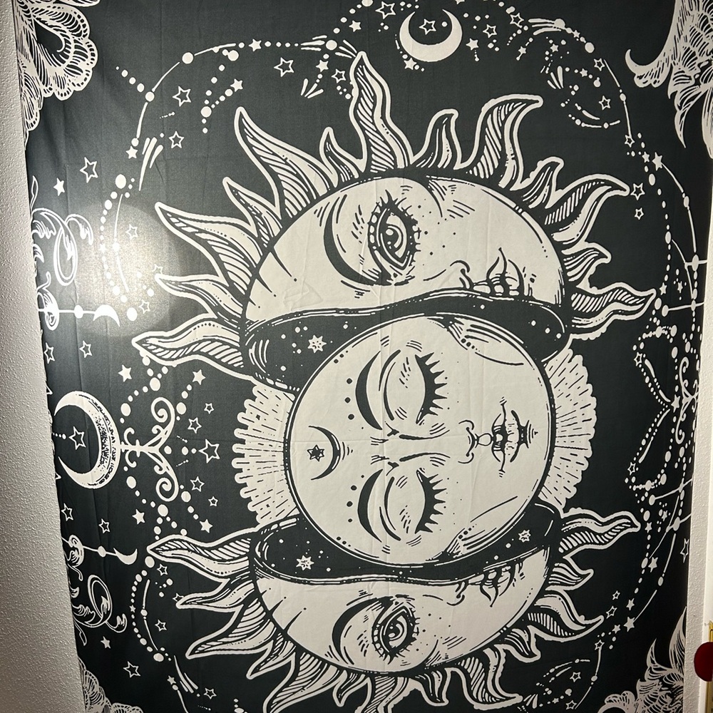 Celestial Sun and Moon Tapestry - Black and White